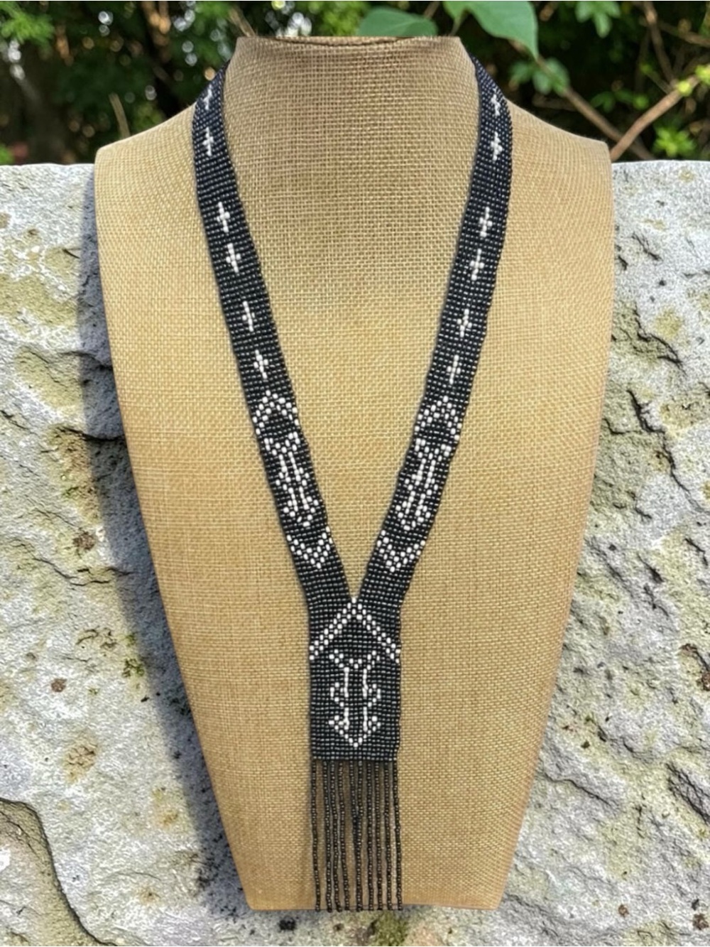 Handcrafted Ukrainian Beaded Necklace 38" - Gray White